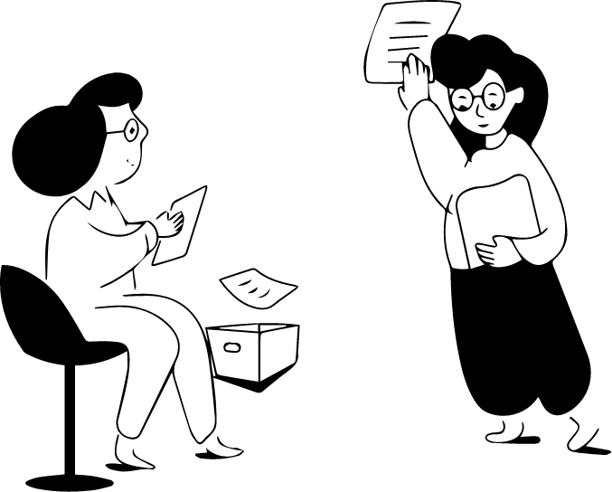 Illustration en noir et blanc de deux personnes échangeant des documents, une assise avec une tablette et l'autre debout tenant des papiers, dans le style de Notion