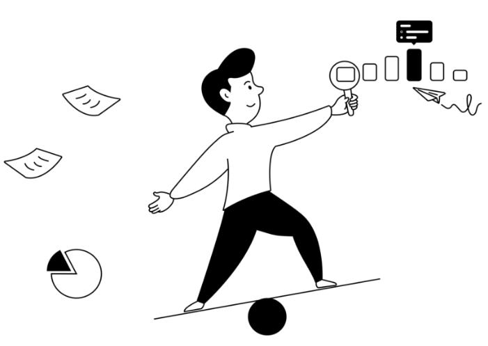 Illustration d'une personne équilibrant sur une boule tout en jonglant avec des icônes de gestion et d'analyse, dans le style de Notion