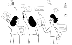 Illustration en noir et blanc de trois personnes échangeant des idées et des documents, entourées d'icônes de gestion et d'organisation, dans le style de Notion