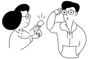 Illustration en noir et blanc de deux personnes, l'une interviewant l'autre avec une réaction surprise, dans le style de Notion
