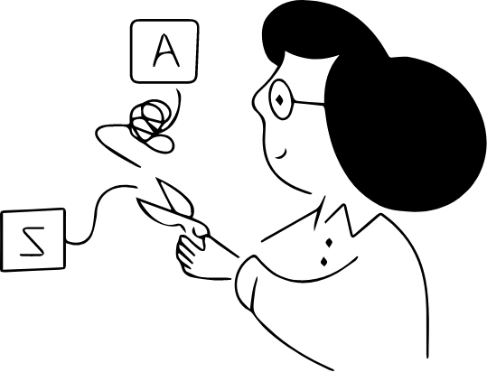 Illustration en noir et blanc d'une personne dénouant des nœuds et réorganisant des éléments, dans le style de Notion