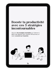 Mockup d’une tablette affichant la première de couverture d’un ebook gratuit “Booste ta productivité avec ces 5 stratégies incontournables”, avec des illustrations et des conseils sur l’organisation et la gestion du temps.