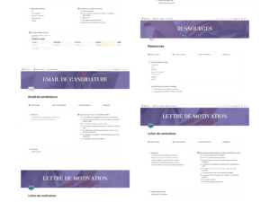 Capture d'écran du template Notion pour organiser ses candidatures et trouver un stage, comprenant des sections pour les emails de candidature, les lettres de motivation et les ressources.